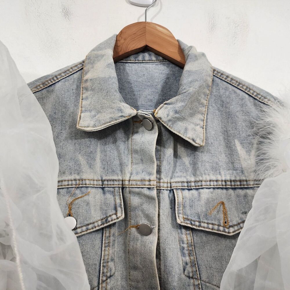 Upclycled Bujtton-front denim vest oversized white tulle ruffle sleeves Size L - Picture 16 of 16